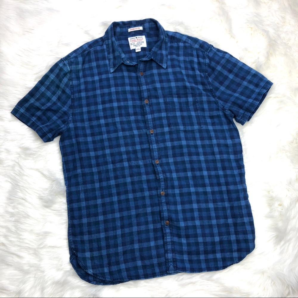Lucky brand short sleeve button down plaid blue L